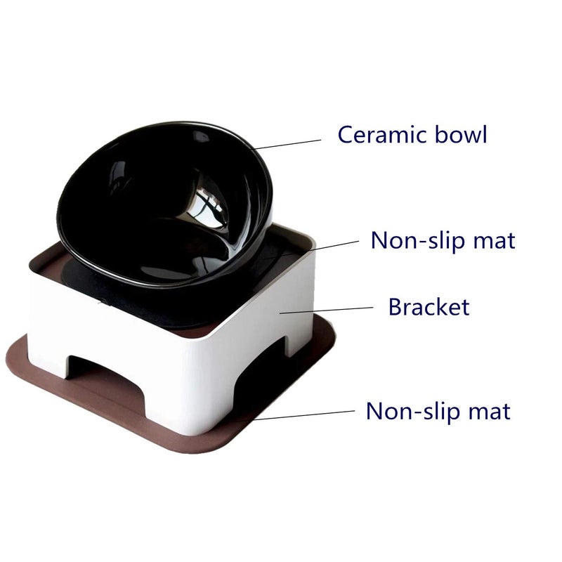 JYHY Bulldog Bowl Ceramic Dog Food Bowl - Dog Cat Dish Wide Mouth Dog Bowl Pet Sterile Tilted Pet Feeder with Anti-Skid Rubber Mat (M/1.5 Cup(Black Bowl)) - Image 2